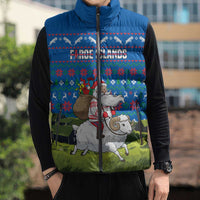 Faroe Islands Christmas Sleeveless Puffer Jacket with Santa Riding Sheep Grass Roof Houses and Blue Nordic Pattern Design - Wonder Print Shop