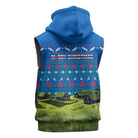 Faroe Islands Christmas Sleeveless Zip Hoodie with Santa Riding Sheep Grass Roof Houses and Blue Nordic Pattern Design - Wonder Print Shop