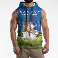 Faroe Islands Christmas Sleeveless Zip Hoodie with Santa Riding Sheep Grass Roof Houses and Blue Nordic Pattern Design - Wonder Print Shop