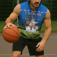 Faroe Islands Christmas Sleeveless Zip Hoodie with Santa Riding Sheep Grass Roof Houses and Blue Nordic Pattern Design - Wonder Print Shop