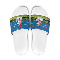 Faroe Islands Christmas Slide Sandals with Santa Riding Sheep Grass Roof Houses and Blue Nordic Pattern Design - Wonder Print Shop