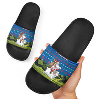 Faroe Islands Christmas Slide Sandals with Santa Riding Sheep Grass Roof Houses and Blue Nordic Pattern Design - Wonder Print Shop