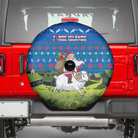 Faroe Islands Christmas Spare Tire Cover with Santa Riding Sheep Grass Roof Houses and Blue Nordic Pattern Design - Wonder Print Shop
