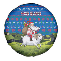 Faroe Islands Christmas Spare Tire Cover with Santa Riding Sheep Grass Roof Houses and Blue Nordic Pattern Design - Wonder Print Shop