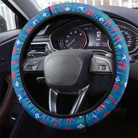 Faroe Islands Christmas Steering Wheel Cover with Santa Riding Sheep Grass Roof Houses and Blue Nordic Pattern Design - Wonder Print Shop