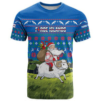 Faroe Islands Christmas T Shirt with Santa Riding Sheep Grass Roof Houses and Blue Nordic Pattern Design - Wonder Print Shop