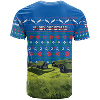 Faroe Islands Christmas T Shirt with Santa Riding Sheep Grass Roof Houses and Blue Nordic Pattern Design - Wonder Print Shop