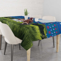 Faroe Islands Christmas Tablecloth with Santa Riding Sheep Grass Roof Houses and Blue Nordic Pattern Design - Wonder Print Shop