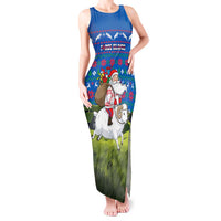 Faroe Islands Christmas Tank Maxi Dress with Santa Riding Sheep Grass Roof Houses and Blue Nordic Pattern Design - Wonder Print Shop