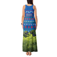 Faroe Islands Christmas Tank Maxi Dress with Santa Riding Sheep Grass Roof Houses and Blue Nordic Pattern Design - Wonder Print Shop