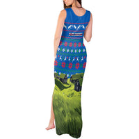 Faroe Islands Christmas Tank Maxi Dress with Santa Riding Sheep Grass Roof Houses and Blue Nordic Pattern Design - Wonder Print Shop
