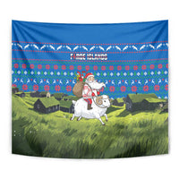 Faroe Islands Christmas Tapestry with Santa Riding Sheep Grass Roof Houses and Blue Nordic Pattern Design - Wonder Print Shop