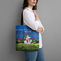 Faroe Islands Christmas Tote Bag with Santa Riding Sheep Grass Roof Houses and Blue Nordic Pattern Design - Wonder Print Shop