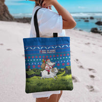 Faroe Islands Christmas Tote Bag with Santa Riding Sheep Grass Roof Houses and Blue Nordic Pattern Design - Wonder Print Shop
