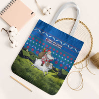 Faroe Islands Christmas Tote Bag with Santa Riding Sheep Grass Roof Houses and Blue Nordic Pattern Design - Wonder Print Shop