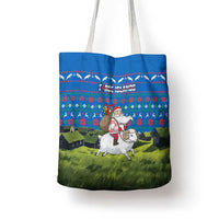 Faroe Islands Christmas Tote Bag with Santa Riding Sheep Grass Roof Houses and Blue Nordic Pattern Design - Wonder Print Shop