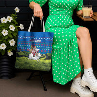 Faroe Islands Christmas Tote Bag with Santa Riding Sheep Grass Roof Houses and Blue Nordic Pattern Design - Wonder Print Shop