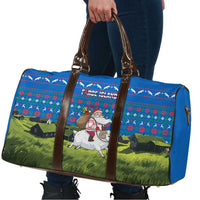 Faroe Islands Christmas Travel Bag with Santa Riding Sheep Grass Roof Houses and Blue Nordic Pattern Design - Wonder Print Shop