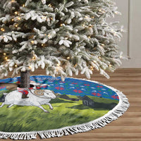 Faroe Islands Christmas Tree Skirt with Santa Riding Sheep Grass Roof Houses and Blue Nordic Pattern Design - Wonder Print Shop