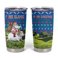 Faroe Islands Christmas Tumbler Cup with Santa Riding Sheep Grass Roof Houses and Blue Nordic Pattern Design - Wonder Print Shop