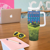 Faroe Islands Christmas Tumbler With Handle with Santa Riding Sheep Grass Roof Houses and Blue Nordic Pattern Design - Wonder Print Shop