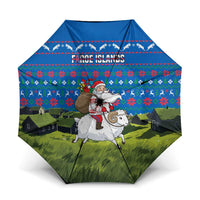 Faroe Islands Christmas Umbrella with Santa Riding Sheep Grass Roof Houses and Blue Nordic Pattern Design - Wonder Print Shop