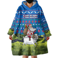 Faroe Islands Christmas Wearable Blanket Hoodie with Santa Riding Sheep Grass Roof Houses and Blue Nordic Pattern Design - Wonder Print Shop