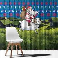 Faroe Islands Christmas Window Curtain with Santa Riding Sheep Grass Roof Houses and Blue Nordic Pattern Design - Wonder Print Shop