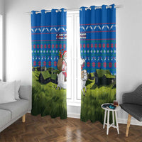 Faroe Islands Christmas Window Curtain with Santa Riding Sheep Grass Roof Houses and Blue Nordic Pattern Design - Wonder Print Shop