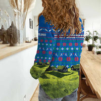 Faroe Islands Christmas Women Casual Shirt with Santa Riding Sheep Grass Roof Houses and Blue Nordic Pattern Design - Wonder Print Shop
