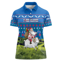 Faroe Islands Christmas Women Polo Shirt with Santa Riding Sheep Grass Roof Houses and Blue Nordic Pattern Design - Wonder Print Shop