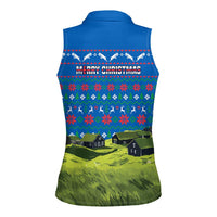 Faroe Islands Christmas Women Sleeveless Polo Shirt with Santa Riding Sheep Grass Roof Houses and Blue Nordic Pattern Design - Wonder Print Shop