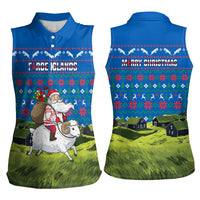 Faroe Islands Christmas Women Sleeveless Polo Shirt with Santa Riding Sheep Grass Roof Houses and Blue Nordic Pattern Design - Wonder Print Shop