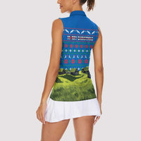 Faroe Islands Christmas Women Sleeveless Polo Shirt with Santa Riding Sheep Grass Roof Houses and Blue Nordic Pattern Design - Wonder Print Shop