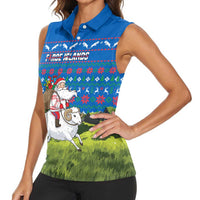 Faroe Islands Christmas Women Sleeveless Polo Shirt with Santa Riding Sheep Grass Roof Houses and Blue Nordic Pattern Design - Wonder Print Shop