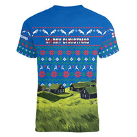 Faroe Islands Christmas Women V-Neck T-Shirt with Santa Riding Sheep Grass Roof Houses and Blue Nordic Pattern Design - Wonder Print Shop