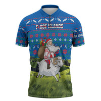 Faroe Islands Christmas Zipper Polo Shirt with Santa Riding Sheep Grass Roof Houses and Blue Nordic Pattern Design - Wonder Print Shop