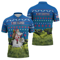 Faroe Islands Christmas Zipper Polo Shirt with Santa Riding Sheep Grass Roof Houses and Blue Nordic Pattern Design - Wonder Print Shop