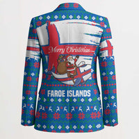Faroe Islands Christmas Blazer with Santa Riding Whale Faroe Flag and Blue Nordic Winter Pattern Design - Wonder Print Shop