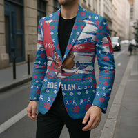 Faroe Islands Christmas Blazer with Santa Riding Whale Faroe Flag and Blue Nordic Winter Pattern Design - Wonder Print Shop