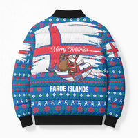 Faroe Islands Christmas Bomber Puffer Jacket with Santa Riding Whale Faroe Flag and Blue Nordic Winter Pattern Design - Wonder Print Shop