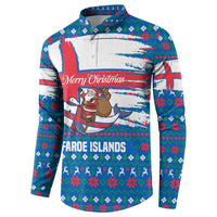 Faroe Islands Christmas Button Sweatshirt with Santa Riding Whale Faroe Flag and Blue Nordic Winter Pattern Design - Wonder Print Shop