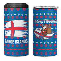 Faroe Islands Christmas 4 in 1 Can Cooler Tumbler with Santa Riding Whale Faroe Flag and Blue Nordic Winter Pattern Design - Wonder Print Shop