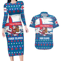 Faroe Islands Christmas Couples Matching Long Sleeve Bodycon Dress and Hawaiian Shirt with Santa Riding Whale Faroe Flag and Blue Nordic Winter Pattern Design - Wonder Print Shop