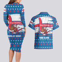 Faroe Islands Christmas Couples Matching Long Sleeve Bodycon Dress and Hawaiian Shirt with Santa Riding Whale Faroe Flag and Blue Nordic Winter Pattern Design - Wonder Print Shop