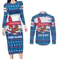 Faroe Islands Christmas Couples Matching Long Sleeve Bodycon Dress and Long Sleeve Button Shirt with Santa Riding Whale Faroe Flag and Blue Nordic Winter Pattern Design - Wonder Print Shop