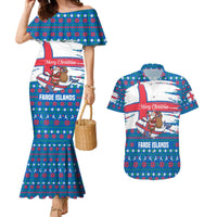 Faroe Islands Christmas Couples Matching Mermaid Dress and Hawaiian Shirt with Santa Riding Whale Faroe Flag and Blue Nordic Winter Pattern Design - Wonder Print Shop