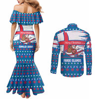 Faroe Islands Christmas Couples Matching Mermaid Dress and Long Sleeve Button Shirt with Santa Riding Whale Faroe Flag and Blue Nordic Winter Pattern Design - Wonder Print Shop