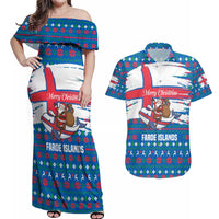 Faroe Islands Christmas Couples Matching Off Shoulder Maxi Dress and Hawaiian Shirt with Santa Riding Whale Faroe Flag and Blue Nordic Winter Pattern Design - Wonder Print Shop