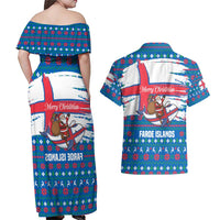 Faroe Islands Christmas Couples Matching Off Shoulder Maxi Dress and Hawaiian Shirt with Santa Riding Whale Faroe Flag and Blue Nordic Winter Pattern Design - Wonder Print Shop